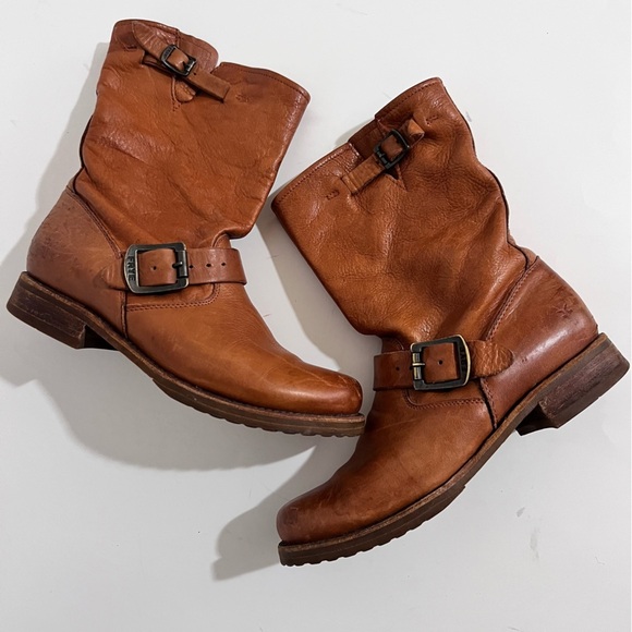 Frye Veronica Whiskey Short Mid Calf Belted Leather Moto Boots 7 - Picture 9 of 16